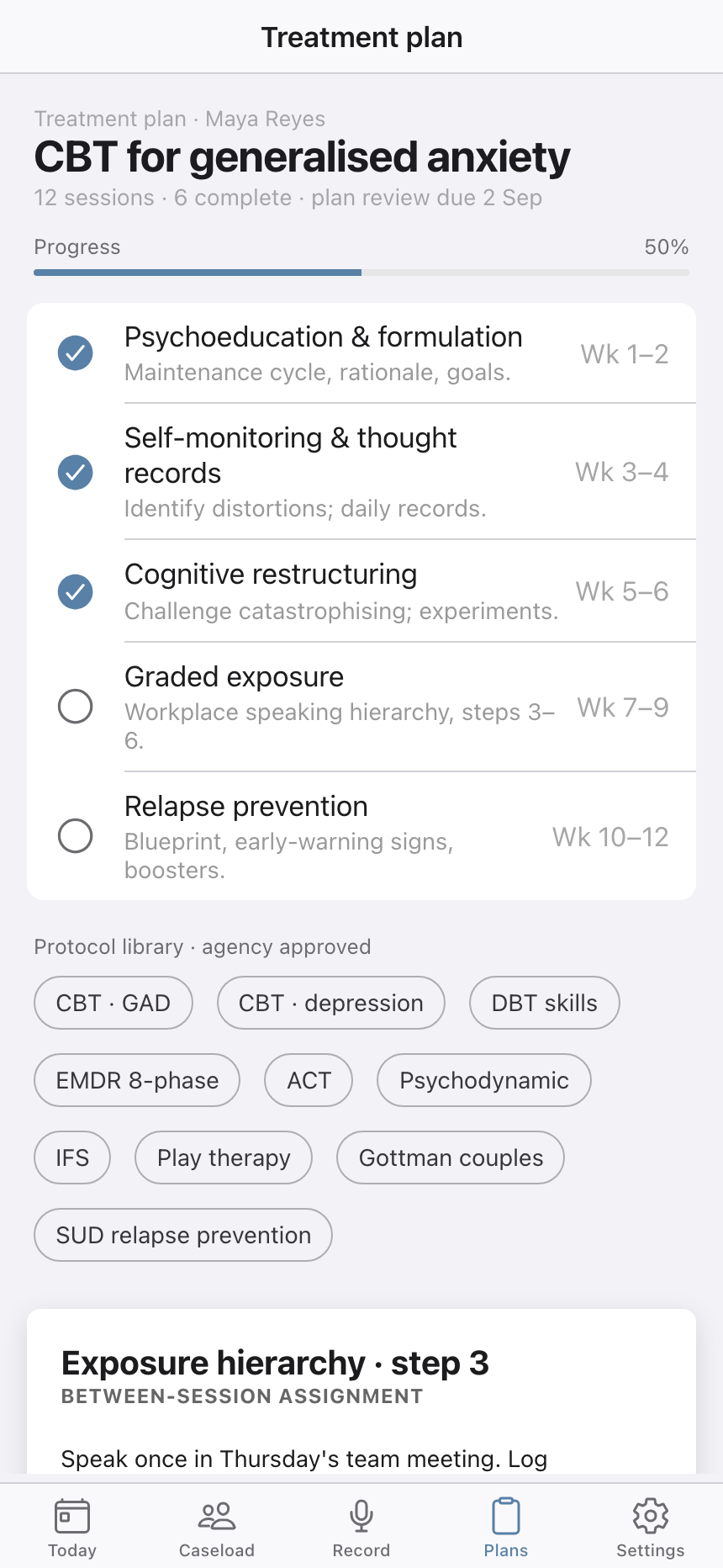 A CBT for generalised anxiety treatment plan in Session Studio, half complete at six of twelve sessions, with five phases checked off or pending against their week ranges, and a row of agency-approved protocol chips beneath