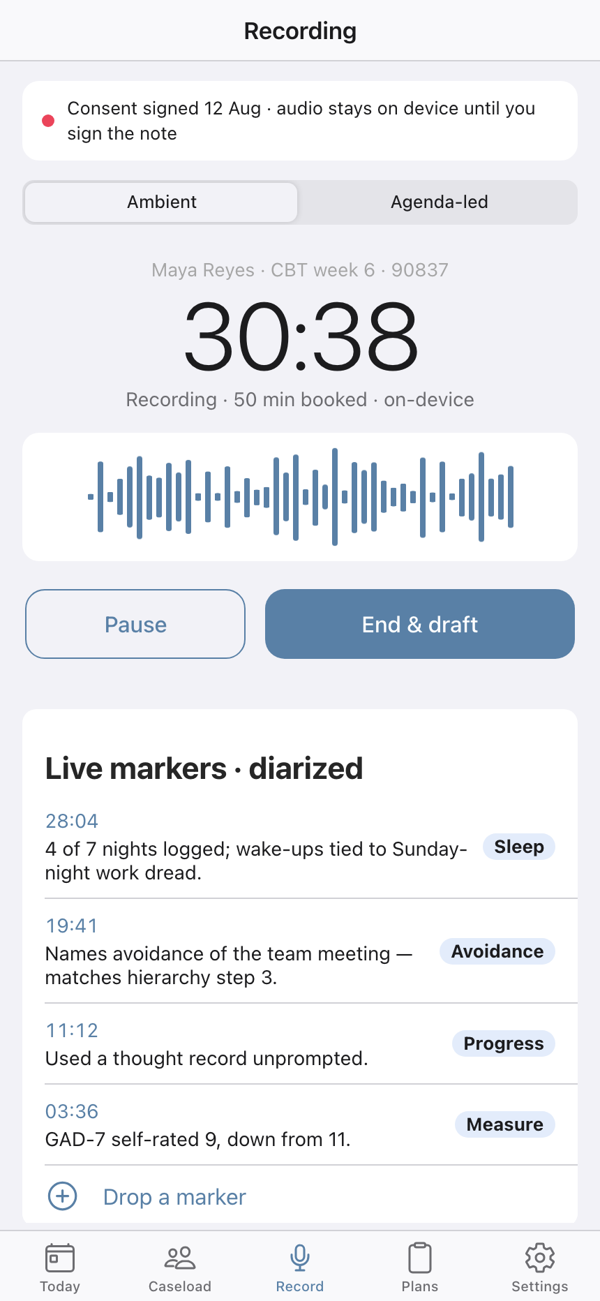 Session Studio's recording screen with an ambient and agenda-led mode switch, a consent line stating audio stays on device until the note is signed, a running timer, a waveform, pause and end-and-draft buttons, and a list of timestamped session markers